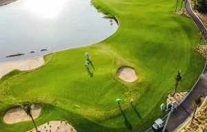 BRG Da Nang Nicklaus Course green view with bunker and lake Vietnam golf course