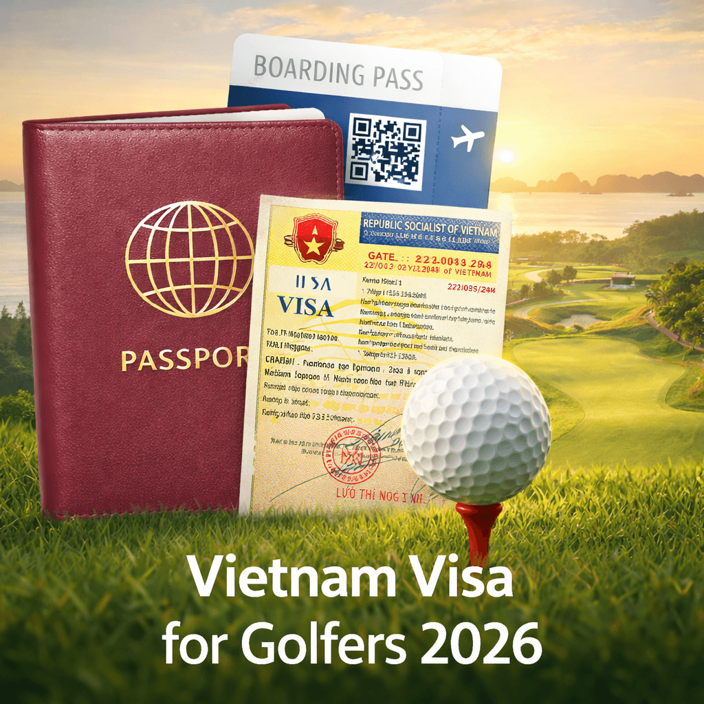 Vietnam visa for golfers 2026 passport stamp and golf course background