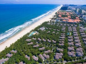 Aerial view of a coastal golf course and resort in Da Nang Vietnam