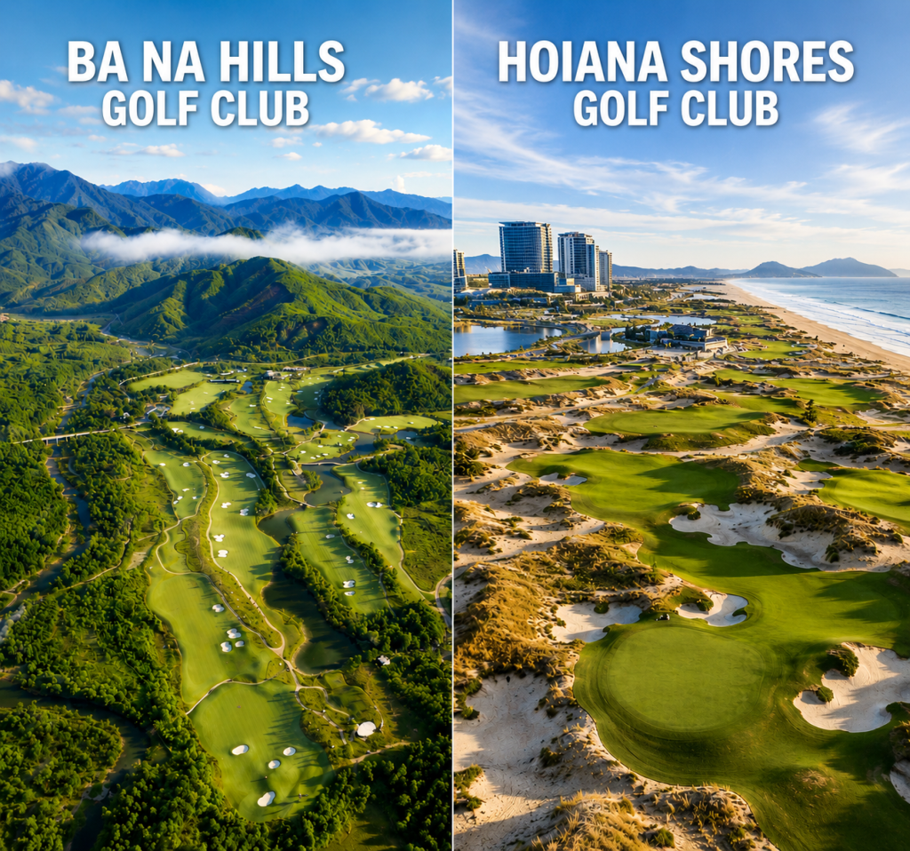 Hoiana Shores vs Ba Na Hills Golf Club comparison featuring Vietnam coastal links golf and mountain golf courses near Da Nang