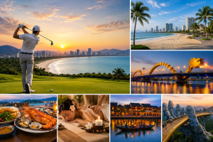 Golfer enjoying post-round activities in Da Nang including My Khe Beach, seafood dining, spa treatments, Hoi An Ancient Town, and sightseeing attractions in Central Vietnam.