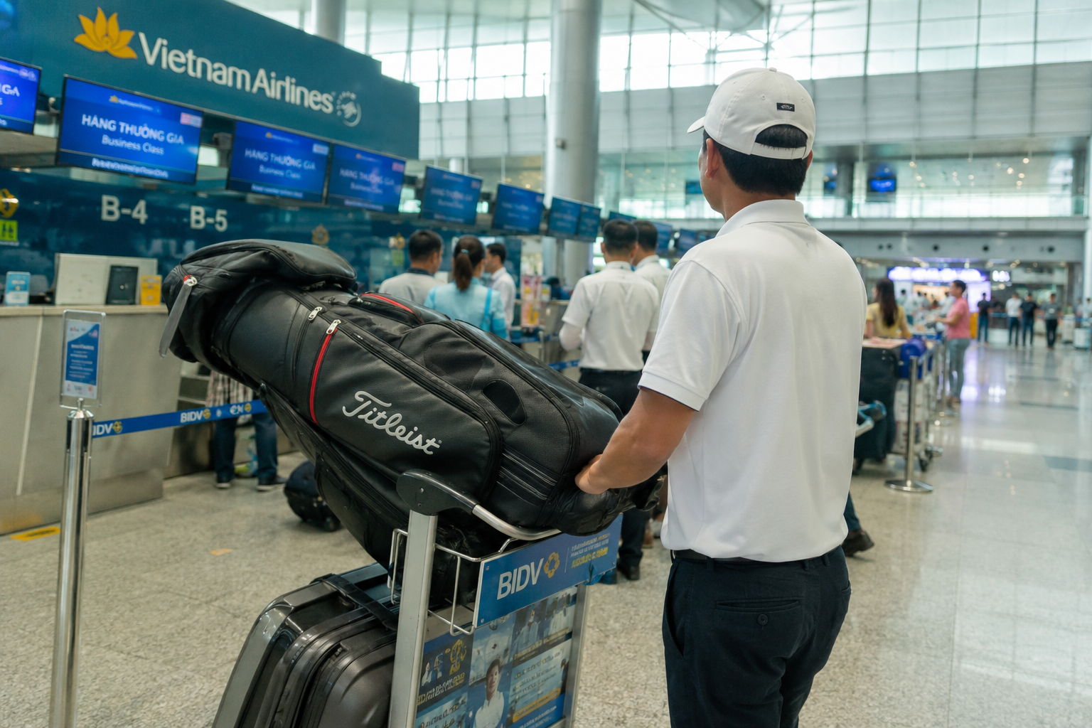 Golfer checking in a golf travel bag at an airport before flying to Da Nang, Vietnam for a golf holiday