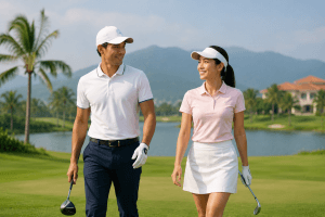 Male and female golfers wearing proper golf attire at a golf course in Vietnam.