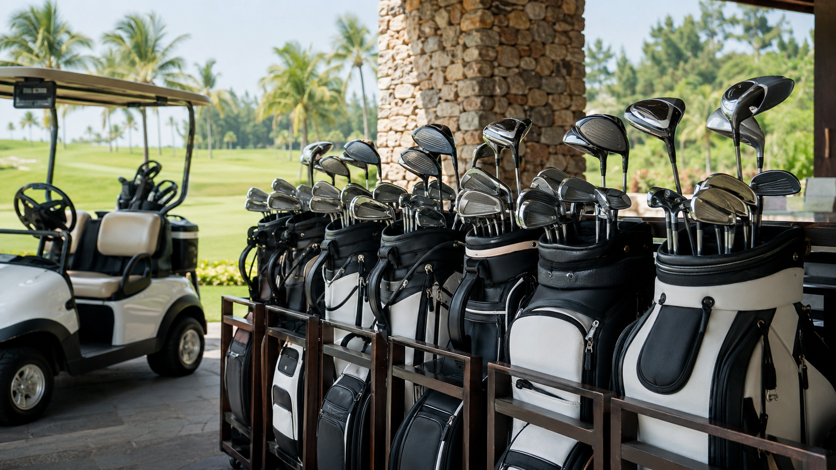 Golf club rental sets lined up at a golf course clubhouse in Da Nang, Vietnam