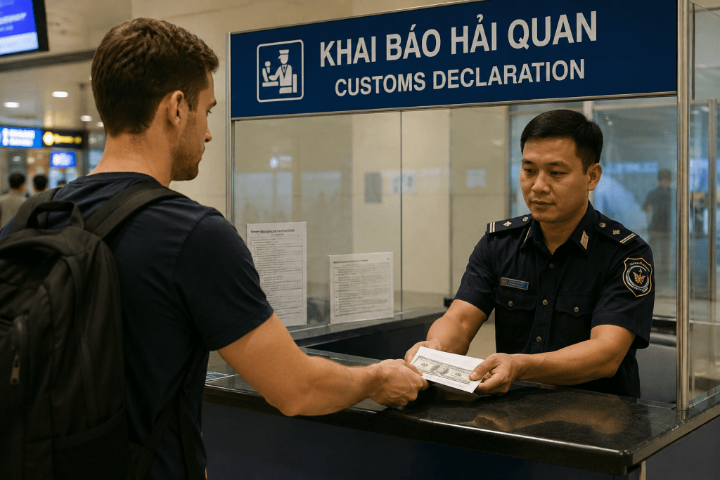 Traveler declaring U.S. dollar cash at a Vietnam customs declaration counter under the 2026 customs cash limits.