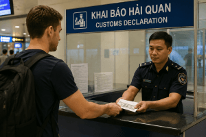 Traveler declaring U.S. dollar cash at a Vietnam customs declaration counter under the 2026 customs cash limits.
