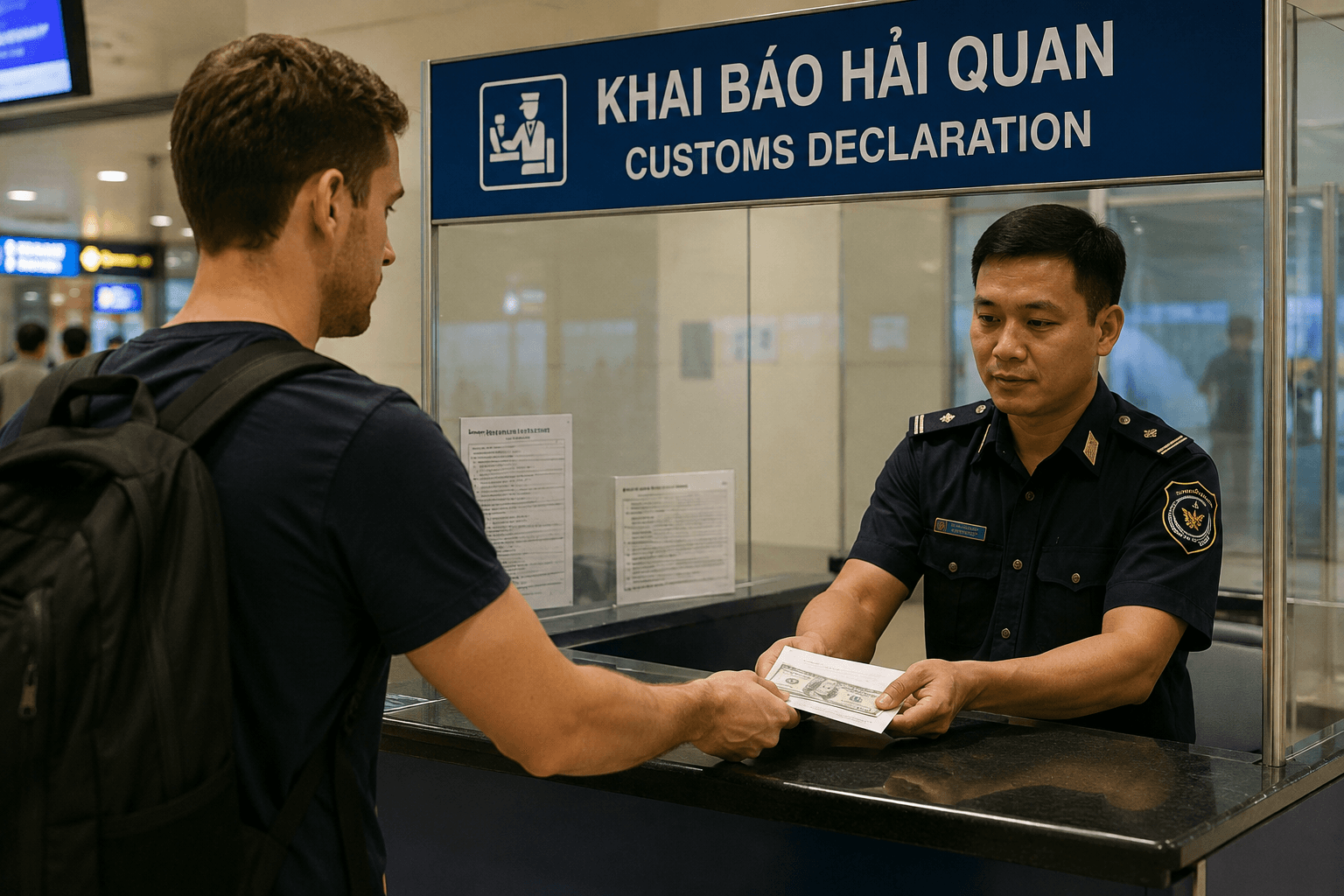 Traveler declaring U.S. dollar cash at a Vietnam customs declaration counter under the 2026 customs cash limits.