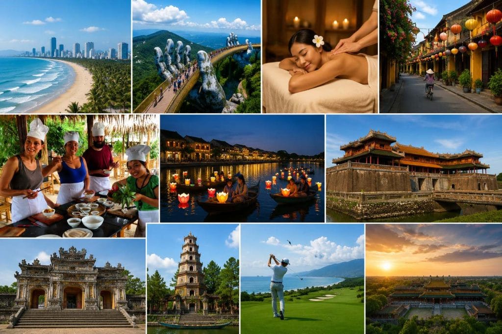 Things to do in Da Nang, Hoi An and Hue for non-golfers: My Khe Beach, Golden Bridge, spa, Hoi An old town, cooking class, Thu Bon lantern boats, Hue Imperial Citadel and royal tombs