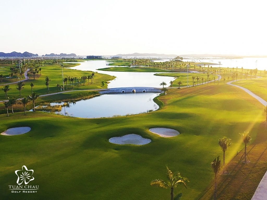 Tuan Chau Golf Resort aerial view of links-style fairways and water hazards