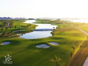 Tuan Chau Golf Resort aerial view of links-style fairways and water hazards