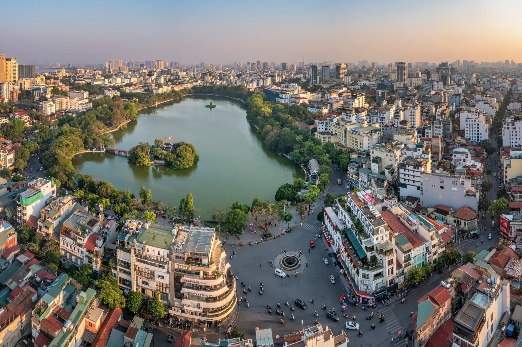 Aerial view of Hoan Kiem Lake and the Old Quarter, the most popular hotel base for golfers in Hanoi