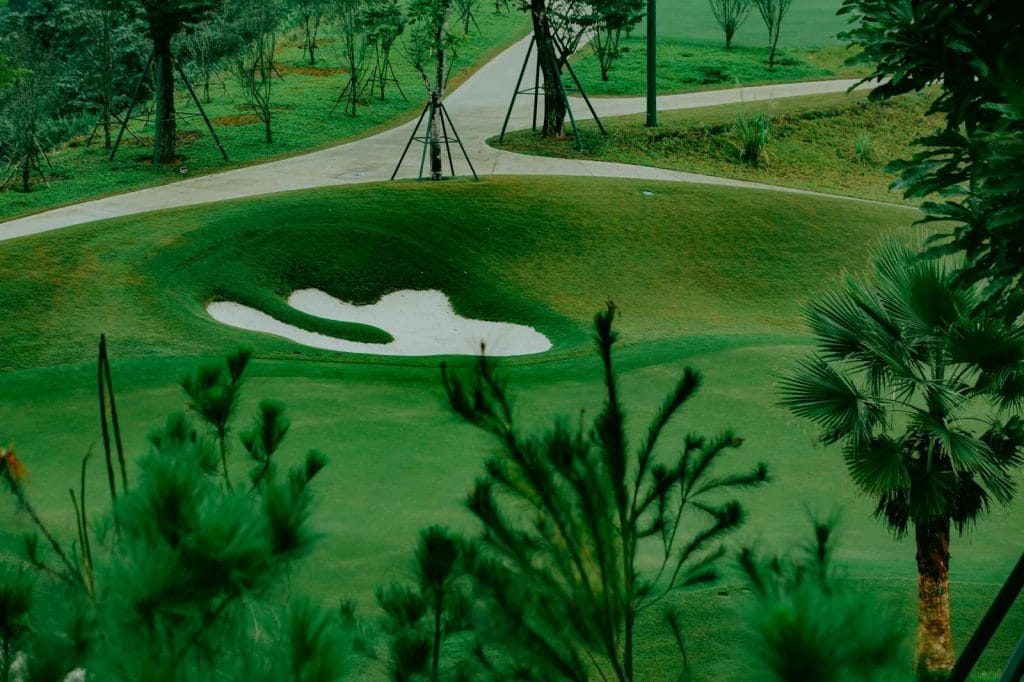 Sapa Grand Golf Course green and bunker framed by young pines