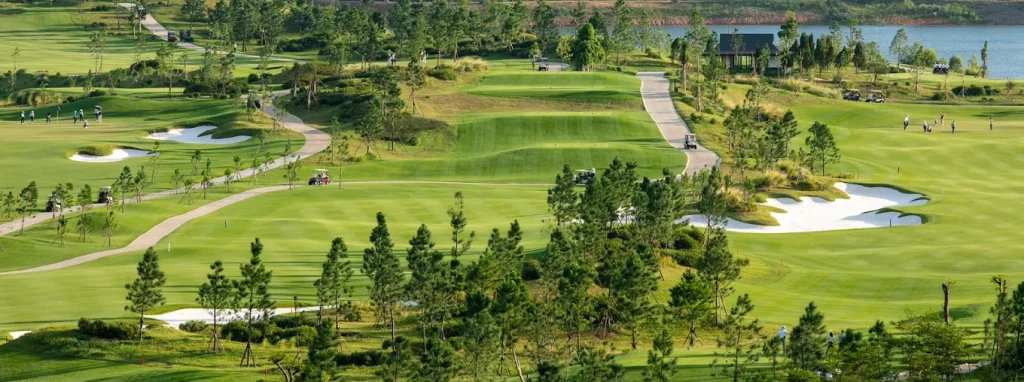 Pine-lined fairways, bunkers and cart paths at Thanh Lanh Valley Golf Resort, a Nick Faldo course near Hanoi