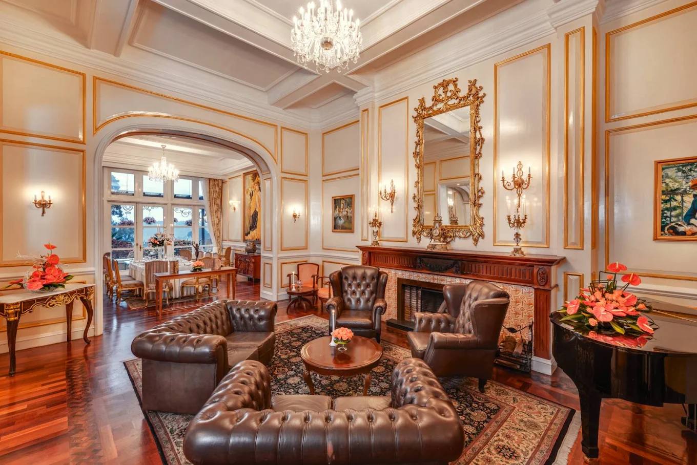Lobby lounge with fireplace and leather sofas at Dalat Palace Heritage Hotel