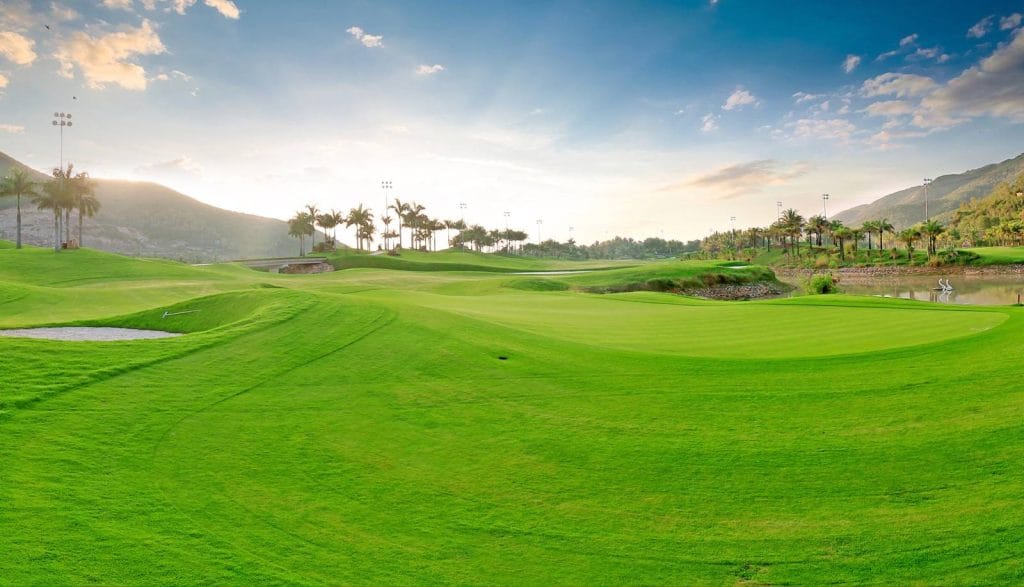 Wide fairway with palm trees at Diamond Bay Golf & Villas