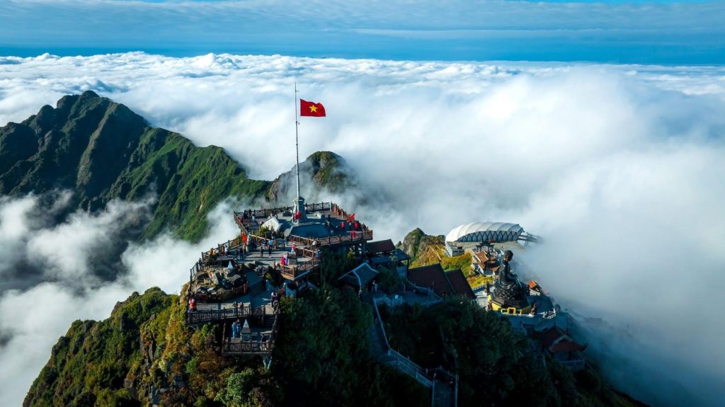 Fansipan summit above a sea of clouds, reached by cable car from Sa Pa