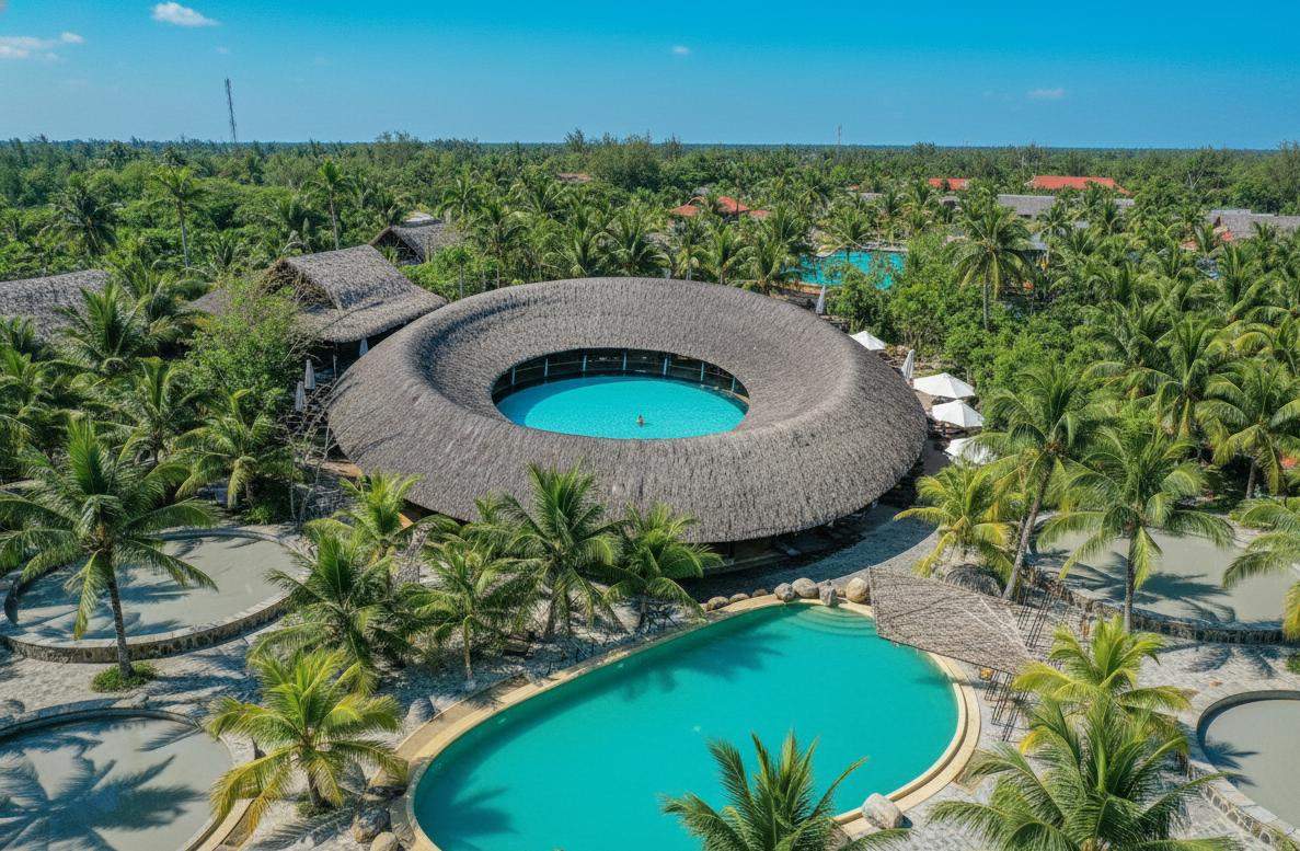 Round thatched mud bath pavilion among palm trees at I-Resort Nha Trang