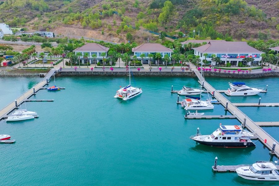 Boats moored at a marina on Nha Trang Bay, the start of an island-hopping trip for non-golfers