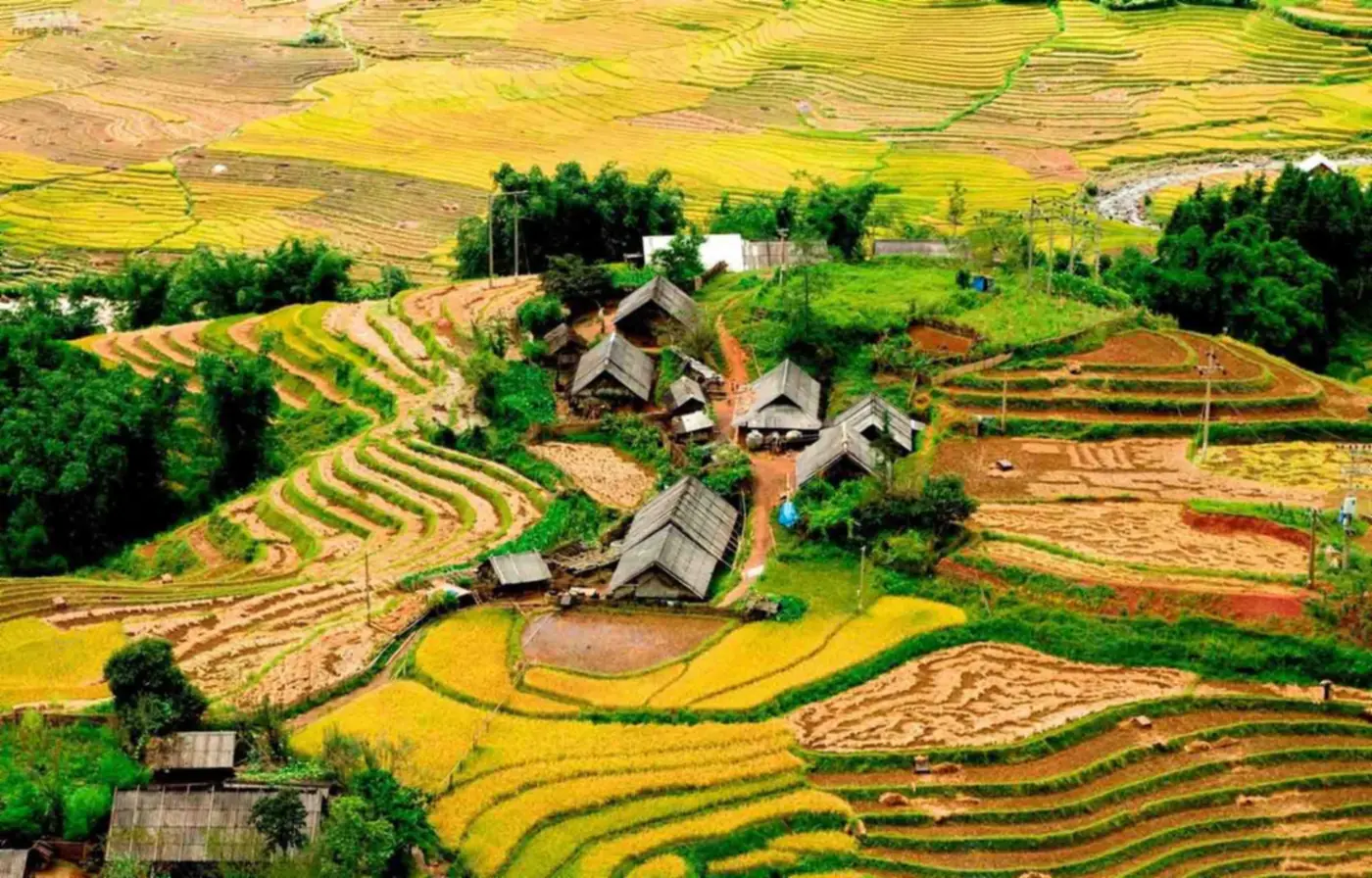 Rice terraces and village houses in the Muong Hoa valley near Ta Van, Sapa