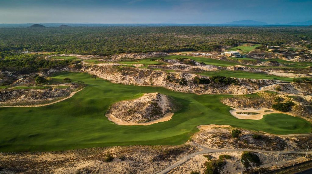 Aerial view of the links-style dunes course at The Bluffs Grand Ho Tram