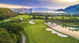 Fairway, bunkers and lake at Vinpearl Golf Nha Trang on Hon Tre Island