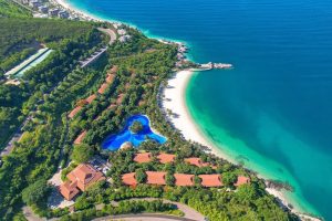 Aerial view of Vinpearl Luxury Nha Trang villas and beach on Hon Tre Island