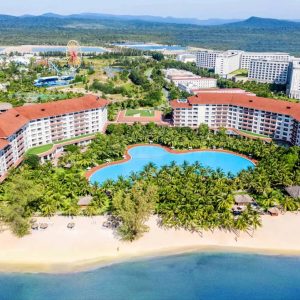 Aerial view of Vinpearl Resort & Spa Phu Quoc, its lagoon pool and Bai Dai beach