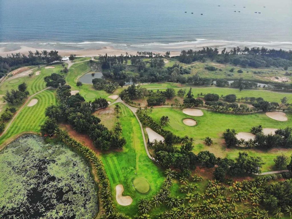 Aerial view of holes beside the sea at Vung Tau Paradise Golf Resort